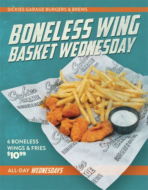 Boneless Wings Wednesday at Sickies Garage